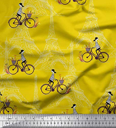 Soimoi Gelb Baumwolljersey Stoff Mudchen, Fahrrad & Eiffelturm architektonisch Stoff drucken Meter 58 Zoll breit