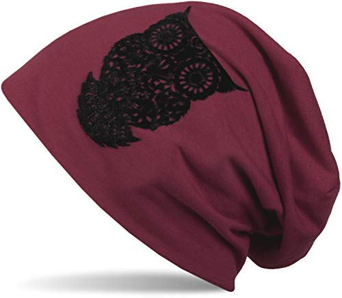 styleBREAKER Damen Stoff Beanie Mütze mit samtigem Eulen Flock-Print, Longbeanie 04024040, Farbe:Bordeaux-Rot