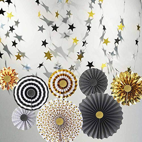 Hola Fiesta | Black Gold Paper Fans Flower and 2 Black-Gold-Silver 7cm Stars Decorations for Celebration Wedding Carnival Happy Birthday Welcome Party,Gold Black Silver