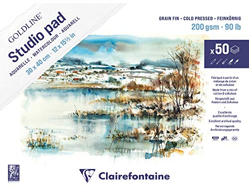 Clairefontaine 975717C - Goldline Studio Pad Aquarellpapier Mappe (mit 50 Bögen, feinkörnig, 200 g, 30 x 40 cm) weiß
