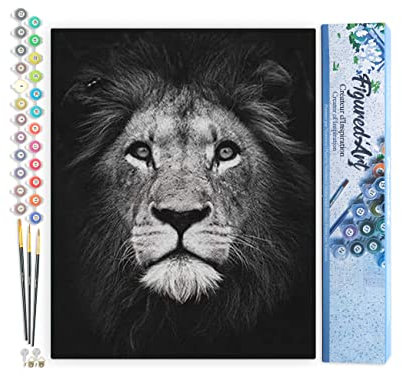Figured'Art Peinture par Numéro Adulte Tête de lion en noir et blanc - Activité Manuelle Kit de Loisir Créatif DIY Numéro d'Art Complet - 40x50cm sans châssis en bois