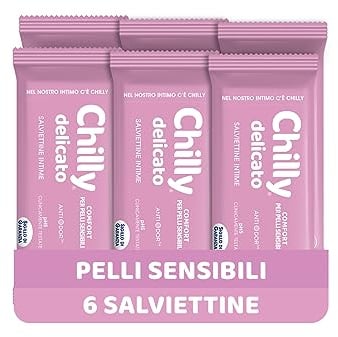 Chilly Salviettine Delicate, Salviette per l'Igiene Intima, Azione Delicata, Tessuto 100 % Biodegradabile, Ottimi Fuori Casa, PH 5 Delicato, Clinicamente Testato, Confezione da 6 Pezzi