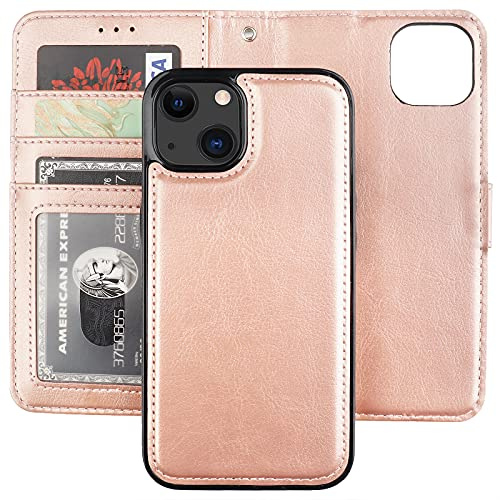 Bocasal Detachable Wallet Case Card Holder for iPhone 13 Mini, Rose Gold | RFID Blocking Kickstand Card Slots Holder PU Leather Magnetic Shockproof Wrist Strap Removable Flip Protective Cover 5.4 inch