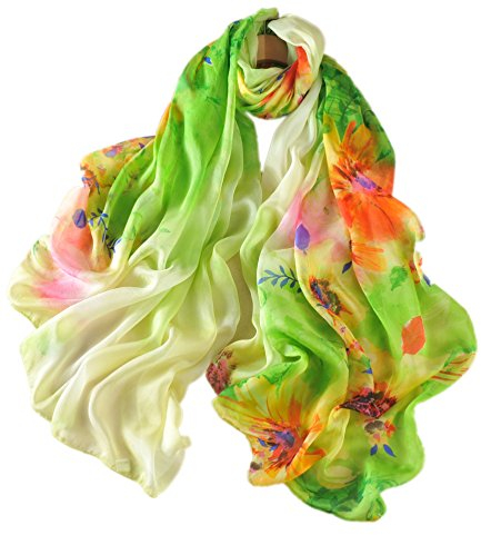 Prettystern XXL Leicht Damen-Schal 100% Chiffon Seide Sarong Stola Sommer Strand-Tuch bunt Floral Druck Grün