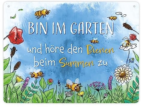 Bin im Garten Metallschild XL in 21x28 cm mit Blumenwiese und Bienen als Dekoration für den Garten oder den Gartenzaun im Frühling