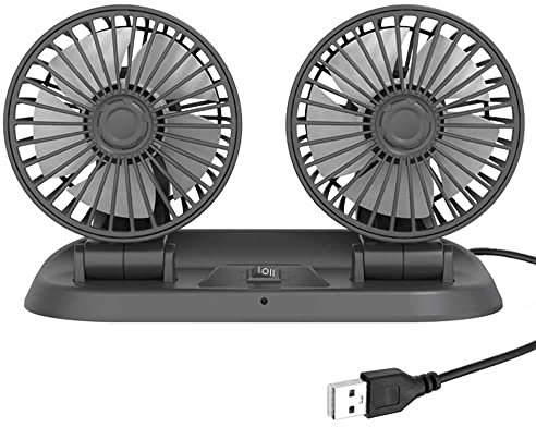 Baceyong Ventilateur de refroidissement de voiture à double tête 5V avec port USB pour camion, camionnette, SUV, camping-car, bateau, 360° horizontal 180° vertical pivotant réglable, Gris