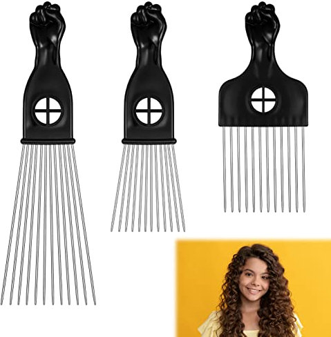 Xinzistar 3 Pièces Peigne Afro Métal Différentes Longueurs Afro Pick Peigne Peigne de Coiffure Peigne Brosse Cheveux Afro pour Hommes Femmes Démêlant