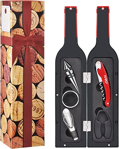 Wine Opener Set, 5 Pcs Deluxe Wine Accessory Set- Includes Corkscrew, Stopper, Wine Pourer, Foil Cutter, Drip Ring w/Fun Static Cling Reusable Drink Markers Stickers Best Gift for Wine Lover, Red