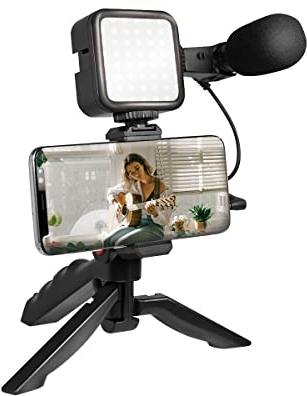 LogiLink Vlogger - Kit con luce LED (36 LED), microfono e treppiede, per smartphone da 4,7 a 7, colore: Nero