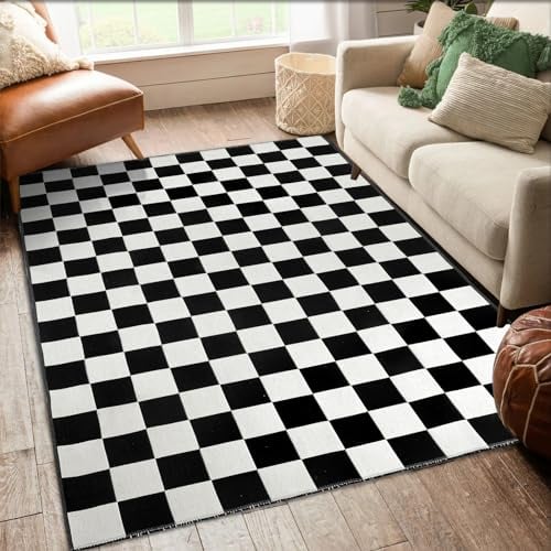 Seavish Karierter Teppich, 1,2 x 1,8 m, schwarz-weißer Teppich, marokkanischer Schachbrett-Teppich, für den Außenbereich, faltbar, waschbar, Bodenabdeckung, Innenteppich für Wohnzimmer, Schlafzimmer,