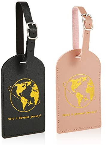 2pcs Étiquette de Bagage Avion en Cuir PU, Étiquette de Bagage pour Valise avec Étiquette d'Adresse et Sangle Réglable Étiquettes Identification pour Voyages Cadeau de Mariage (Noir, Rose)