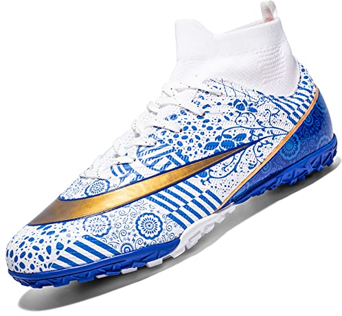 VTASQ Zapatos de Fútbol Hombre FG/AG Profesionales Alta Botas de Fútbol Niños Spike Aire Libre Atletismo Training Zapatillas de Fútbol Zapatillas de Deporte Entrenamiento Blanco/Azul 40 EU