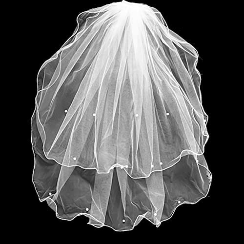Yurosiay Beige Brautschleier Kurz Doppel Schicht Schleier Hochzeit Perlen Bling mit Kamm Vintage Elegant Brautschleier Kurz Tüll Rüschen Brautschleier Kinder für Hochzeit Party Fotografie 80cm