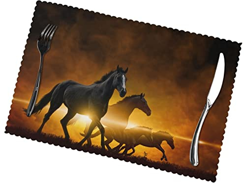 Platzdeckchen-Set mit 6 schwarzen Pferden, rutschfest, hitzebeständig, 45 x 30 cm