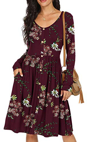 GRECERELLE Womens Long Sleeve Casual Plain Swing Dresses Button Down A-Line Midi Short T-Shirt Dress with Pockets (FP-Wine Red, M)