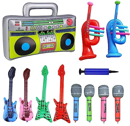 ZJRung Aufblasbare Instrumente Buntes Aufblasbare Gitarre Mikrofone Bess Aufblasbares Horn Funkgeräte + Luftpumpe für Feiern Karneval Disco Party