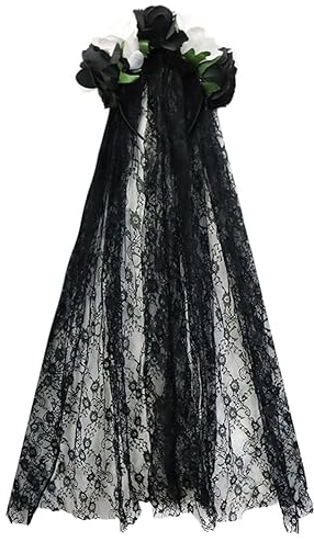 Rayson Florale Couronne avec Voile di Halloween Vintage Bandeau Femme avec Rose Serre Tête Jour des Morts Noir Coiffe de Deguisement Accessoire(Noir + Blanc)