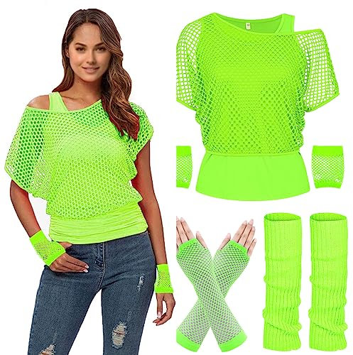 80s Fancy Fishnet Top for Women, Tank Top, Leg Warmers, Gloves, 1980s Costumes Neon Off Shoulder Mesh T-Shirt Accessories Retro Theme Party Cosplay