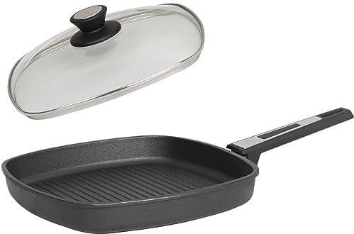 SKK flache 2-tlg. Guss Grillpfanne 26x26 cm - Induktion - eckige Aluguss Antihaft Steakpfanne gerippter Boden & Glasdeckel - Made in Germany