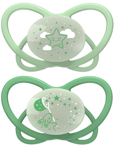 nip - Butterfly Night | 0-6 Monate | 2er Pack | Stillfreundlicher, zahnfreundlicher Babyschnuller mit Leuchtknopf inkl. Schnullerbox. Nachhaltiger Schnuller mit weichem Silikonsauger, Hellgrün/Grün