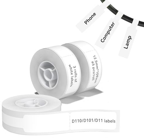NIIMBOT 3 Roll Cable Lable Maker Tape 0.49 x 4.29 (12.5×109mm) Printer Sticker Paper with Self-Adhesive for D11/D110/D101 Label Maker (White)