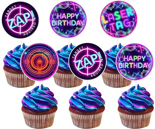 Fangleland 36 Pieces Laser Tag Cupcake Toppers for Girls - Laser Tag Birthday Party Decorations, Laser Theme Happy Birthday Dessert Table Cake Decors Picks Party Favors Supplies