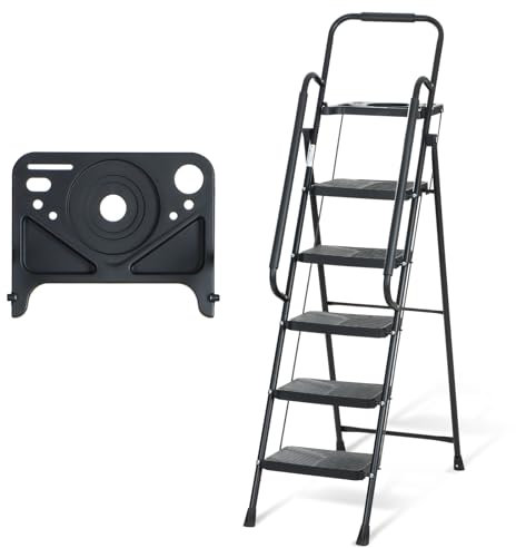 Galvaran Ladder with Safety Handrails, 150 kgs Folding Step Stool with Tool Tray and Wide Non-Slip Pedal for Home, Kitchen, Pantry, Closets, Office Use (5 Step)