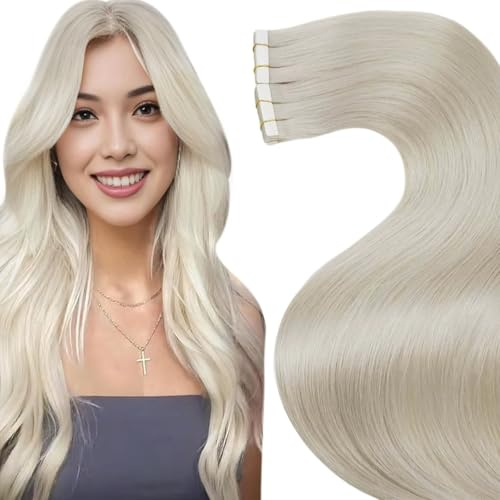 LaaVoo Tape Extensions Echthaar Blond, 60cm Hair Extensions Tape Platinblond Echthaar Extensions Tape Invisible Haarverlängerung Echthaar Tape in Extensions Remy Haar Natürlich #60 50g 20pcs