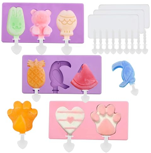 Ice Lolly Moulds with Sticks, 3 Pack Silicone Ice Popsicle Mould 8 Cavities Ice Lolly & Ice Cream Moulds with Sticks, Reusable Ice Lolly Mold Ice Cream Mold to DIY Fun Adorable Ice Lolly