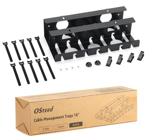 OSteed Under Desk Cable Tray - 2 Pack Black Cable Management Organiser, Under Table Wire Box for Standing & Office Desk Tidy