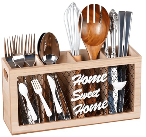 AWSGHLF Wood Utensil Holder, Wooden Cutlery Holder Kitchen Utensils Organizer Farmhouse Utensil Caddy Container with 4 Compartments for Countertop Spoons Spatulas Fork