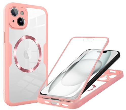 Beajew Coque pour iPhone 15 Magnétique Compatible avec MagSafe, avec intégré Protection écran, 360 Degrés Intégrale Protégé Téléphone Etui Antichoc Anti-Rayures Anti-jaunissement, Couleur Rose