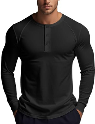 XYKJFIT Mens Casual Henley Shirt Long Sleeve Button Down Workout Tops for Men Gym T-Shirts Crewneck Basic Tee Shirts Black