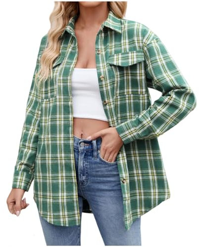 Veste Chemise a Carreaux pour Femme Chemise Décontracté Oversized Chemisier Blouse à Manches Longues Bûcheron Manteau avec Bouton Chemise à Carreaux en Flanelle Manches Longues Jacket Pas Cher