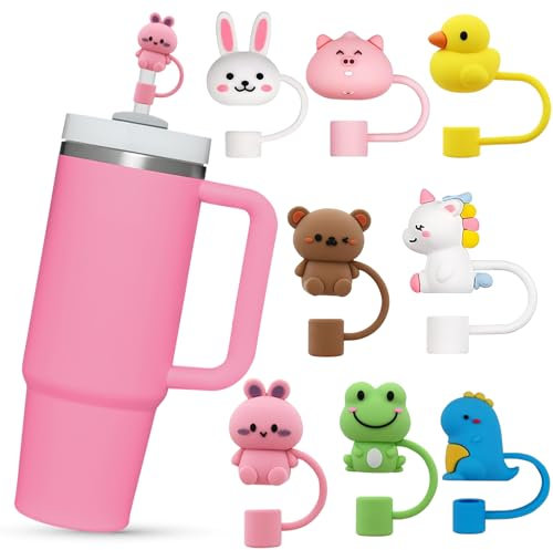 Ceboic 8Pcs Straw Covers Caps Compatible with Stanley, Cute Cartoon Animals Straw Tip Covers, Reusable 10 mm Dust-Proof Food Grade Straw Toppers for Stanley 30&40 Oz Tumbler Accessories