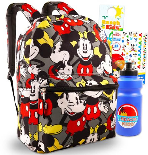 Mickey Mouse Backpack for Kids - Bundle with 16” Canvas Mickey Backpack with Water Bottle, Tattoos, More | Mickey Mouse Backpack Set for Boys, Toddlers, Multicolor, Mickey School Bag, Mickey Backpack,
