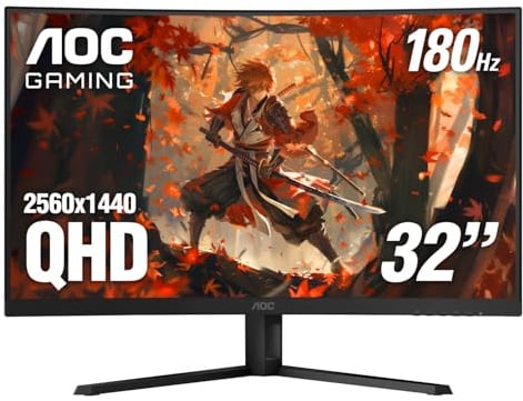 AOC CQ32G4VE Monitor de juegos sin marco curvo de 32 pulgadas 2K QHD, 1500R VA curvado, 180Hz, tiempo de respuesta de 0.5 ms, 2 puertos de visualización, 2 puertos HDMI, compatible con consola de