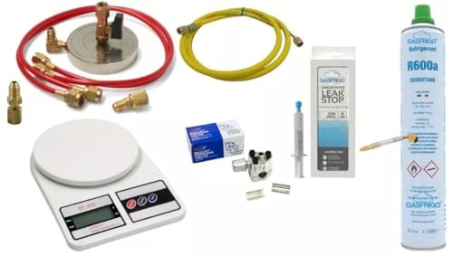GASFRIGO® - Kit riparazione frigorifero Bombola R600a + raccordo + supporto piattello 1/4 e 5/16 + bilancia + turafalle