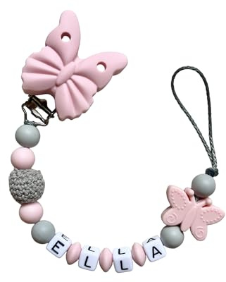 Personalisiertes Baby Geschenk Mädchen zur Geburt mit Schmetterling, Nuckelkette Rosa Grau Taufgeschenk