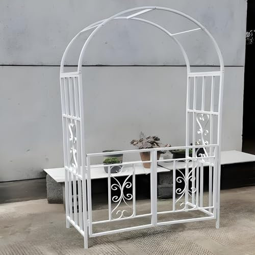 Generisch Gartenbogen für Kletterpflanzen, rosenbogen mit tür Metall stabil 114cmx210cm Torbogen Rankhilfe Rankgitter in Weiß, Schwarz, Stabiler Rankbogen für Hinterhof Hochzeit Party(White)