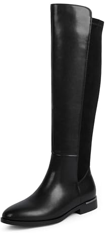 Modatope Kniehohe Stiefel für Damen, flach, abgerundete Zehen, dehnbar, seitlicher Reißverschluss, Kleid