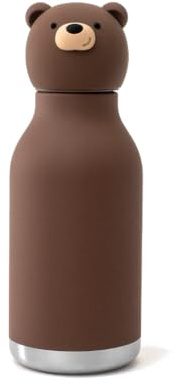 Asobu Bestie Bottle Insulated Stainless Steel Water Bottle with Detachable Soft Animal Head Fun Drinking for Kids and Teens with Flexible Reusable Straw 16 Ounce (Brown Bear)