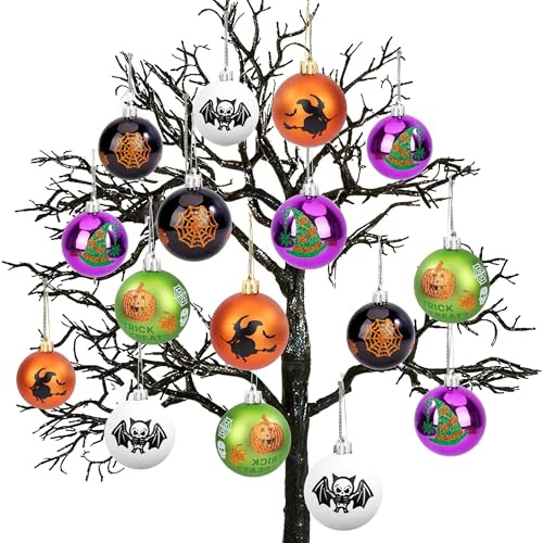 Bolas de Halloween, 16 Piezas Adornos de Bola de Árbol de Halloween, Decoración Inastillable de Plástico, 6cm Colgantes de Miedo con Calabaza y Cráneo, para Fiesta Ninos Regalo