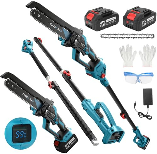 Motosierra de 8 pulgadas con barra de extensión de 8,5 pies, 2 pilas, motor sin escobillas, aceite de cadena automático, motosierra eléctrica para madera de jardín, tijeras de árbol, corte de madera