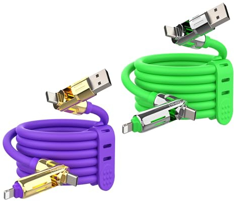 MFish 2-Pack 240W 4-in-1 Multi Charging Cable, Purple+Green, 6.6FT | Carrying Case, USB-A & USB-C to USB-C/Lightning, For iPhone 17/16/15/14, MacBook, iPad, Laptop, Samsung S25/S24
