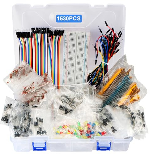 1530Pcs Electronics Component Kit – Electronics Lab Starter Set 830-Tie Breadboard, Metal-Film Resistors, Ceramic & Electrolytic Capacitors, LEDs, Diodes, Transistors, Dupont & Jumper Wires