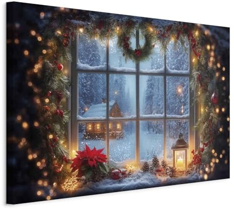 decomonkey Wandbilder Weihnachtsfenster 120 x 80 cm 1 Teilig Leinwandbilder | Strukturleinwand, Holzkeilrahmen, Bild auf Leinwand, Kunstdruck, Wanddeko, Wohnzimmer, Wanddekoration, Geschenke, Fenster