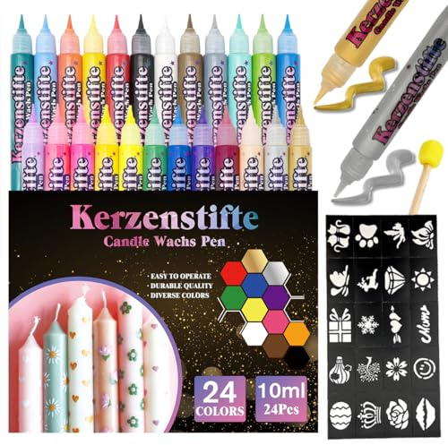 CAwished 10 ml Kerzenstifte Wachsstifte mit vorgestanzten Aufklebern und Schwammwerkzeugen, Kerzen Bemalen Set ideal zum Dekorieren und Gestalten von Wachsstifte für Kerzen (24 Farben)