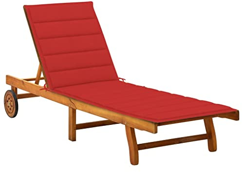 Mhdvray Sonnenliege Akazie 200x63x85 cm rot verstellbare Gartenliege mit Auflage und Rollen für Balkon Garten Pool Terrasse Outdoor Relaxliege Holz