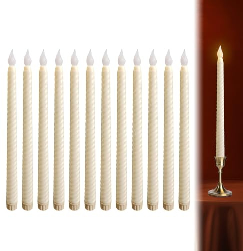 12er Set LED Stabkerzen,Flackernde Echtwachs-Optik,Elektrische Kerzen in Elfenbein für Weihnachten,Hochzeit,Party-Dekoration,Bo-ugie Led Flamme Flickering,Bougiesàled,Fake Candles,Flameless Tealight C